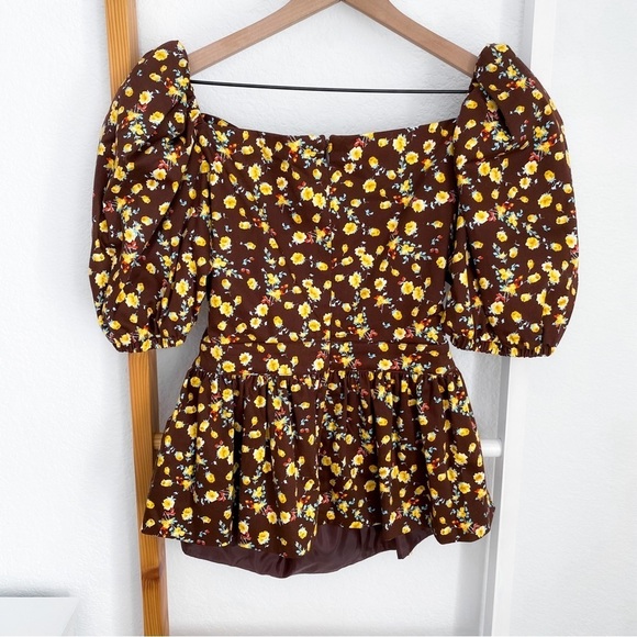 NWOT Autumn Adeigbo Bridgette Puff Sleeve Cut-Out Top Brown Yellow Floral - Picture 6 of 16